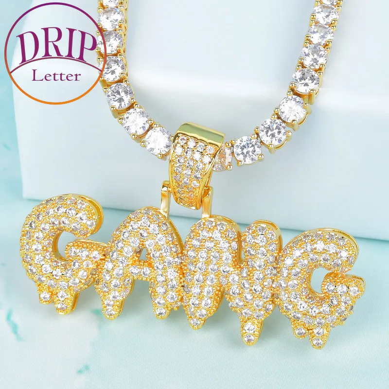 GANG Drip Letter Pendant Gold Color Plated Cubic Zircon Charm Men's Hip Hop Rock Street Necklace Jewelry