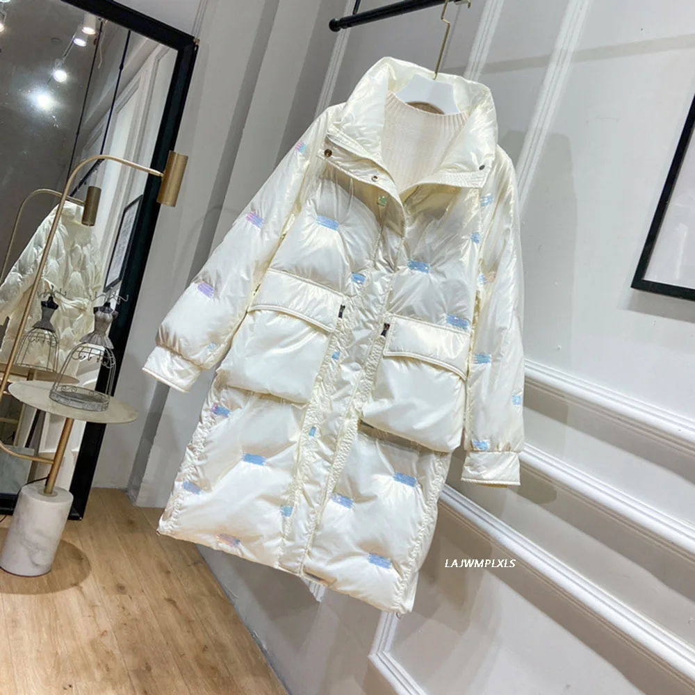 Glossy patent fabric down coats Winter Luxurious quality glossy down coat female Stand-up collar thicker warm down coat