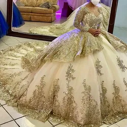 Long Sleeve champagne gold Quinceanera Dresses Ball Gown Girls Princess Satin Prom Masquerade Sweet 16 Dresses for 15 Year