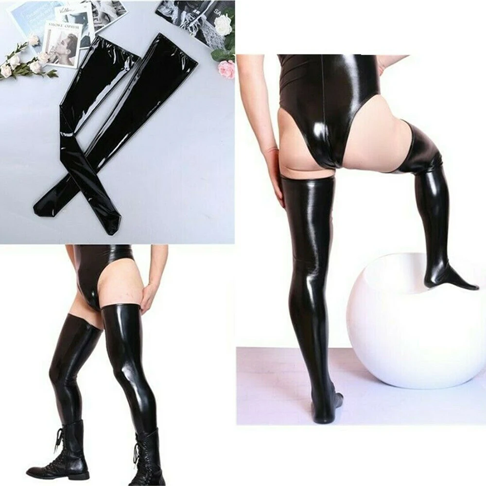 Men's Wet Look Latex Leather Thigh High Footed Stockings Tights Socks Clubwear For Men Exotic Formal Wear Suit Men Sexy Sports