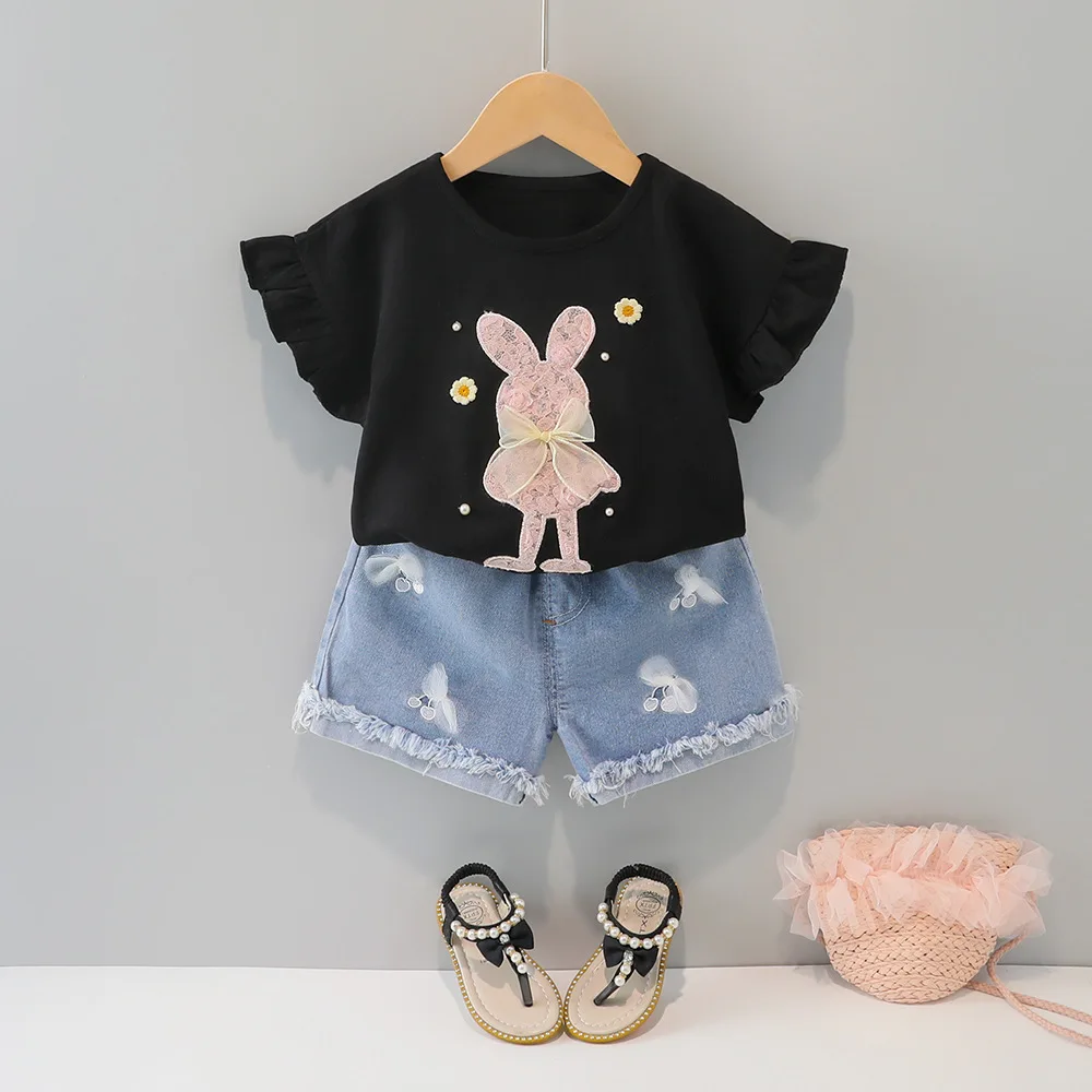 2021 New Girls Clothing Set Short Sleeve Summer Cotton Rabbit T-shirt+Pants 2Pcs Suit Toddler Children\'s Clothes 1 2 3 4 Years