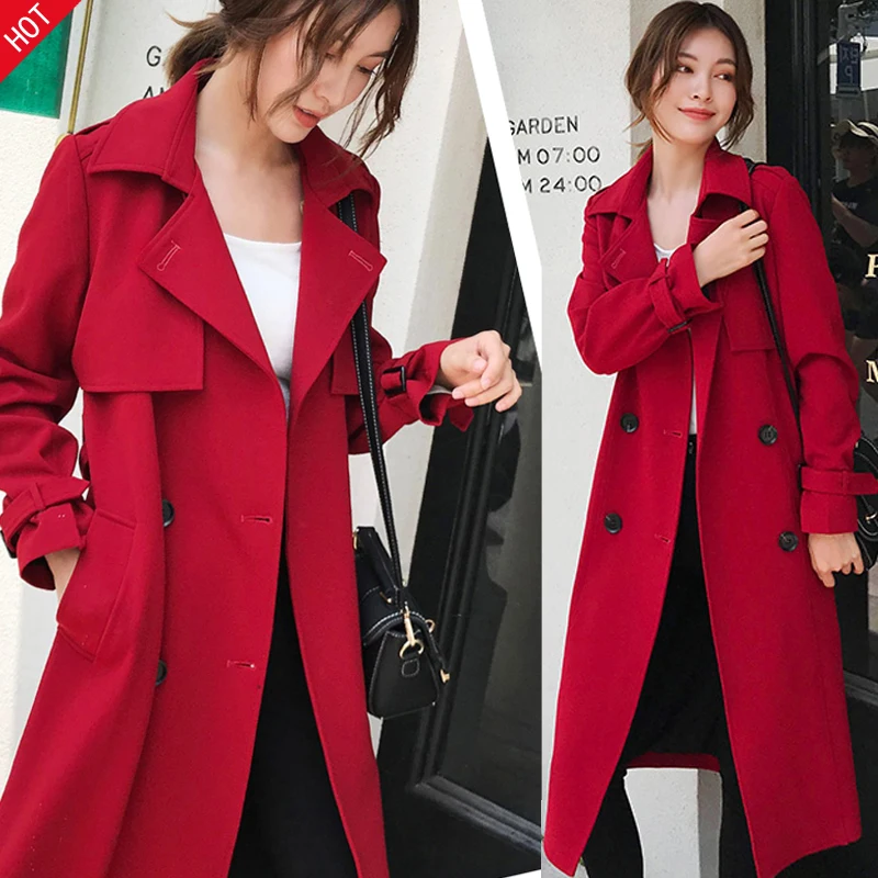 

Women's Long Trench Coats 2024New Autumn Lapel Double Breasted Slim Windbreaker Korean Elegant Belted Solid Coat Ladies Outwear