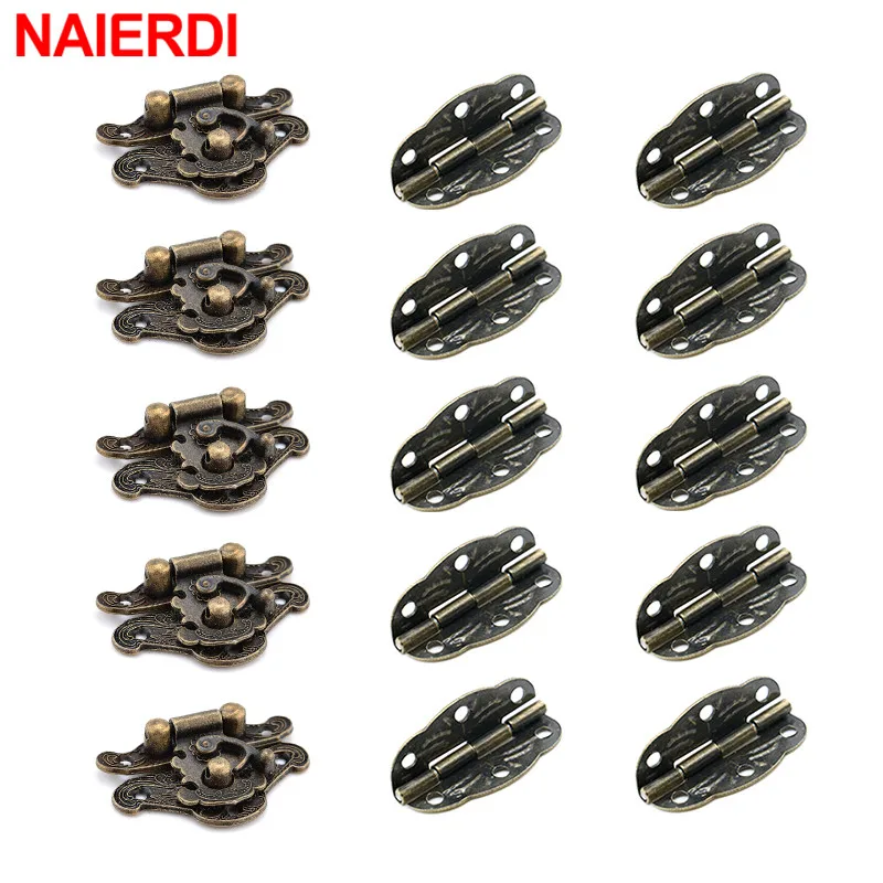 

NAIERDI 5PCS Bronze Furniture Hardware Box Latch Hasp Locks + 10PCS Decorative Cabinet Hinges Butterfly Hinge Jewelry Wooden Box