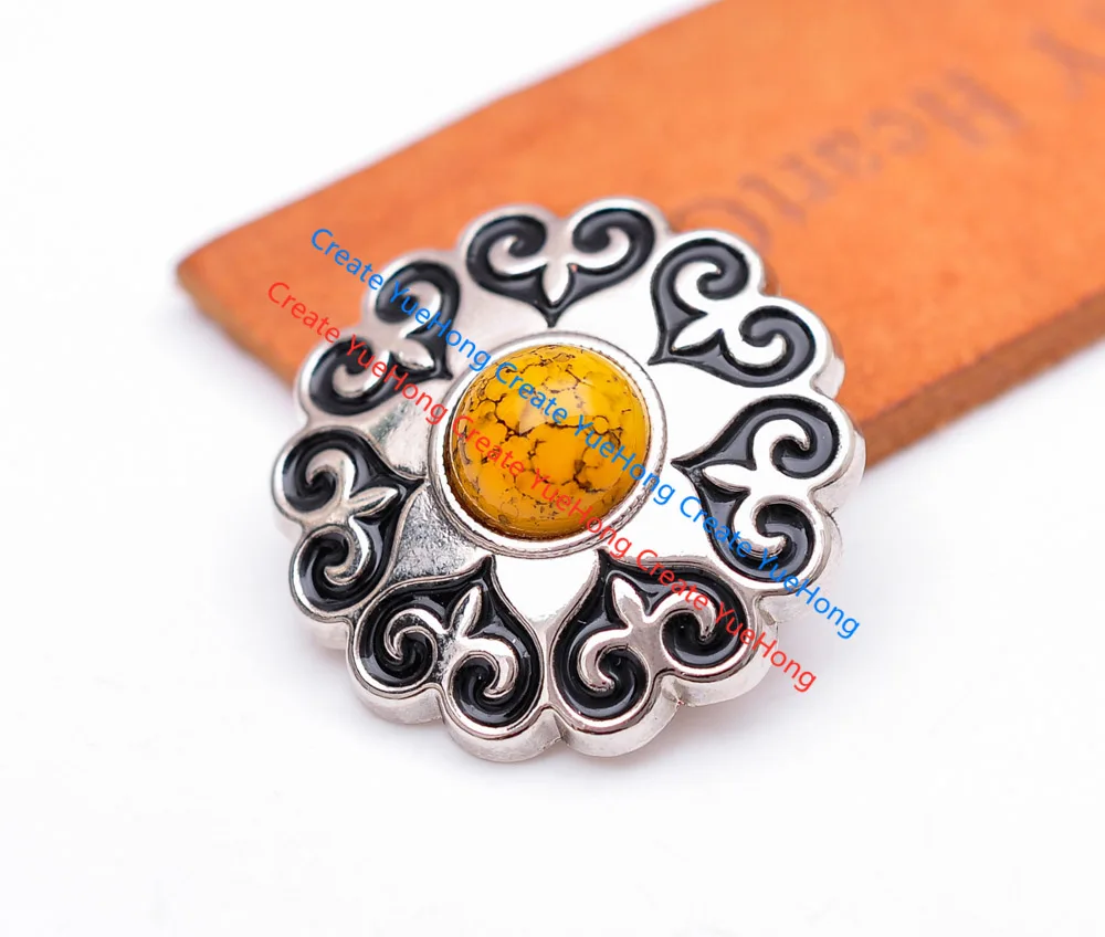 10X 30MM Silver Western Biker Punk Flower Engraved Yellow Beads Leathercraft Belt Saddle Concho Screwblack Decoration