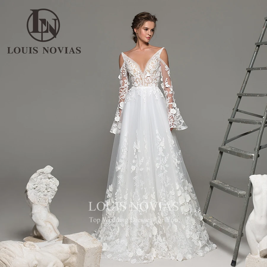 LOUIS NOVIAS-vestido De Novia bohemio, corte en A, Espalda descubierta, ilusión De encaje, cuello en V, bordado, manga acampanada, Vestidos De Novia