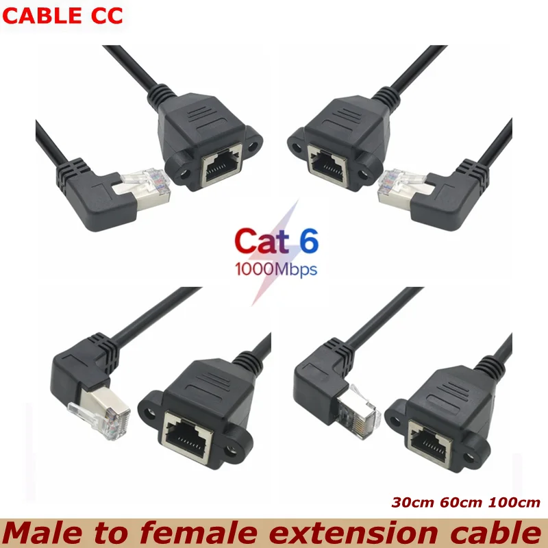 0.3m Gigabit Ethernet Elbow 90° Network Cable RJ45 Male to Female Screw Hole Extension Cable for Broadband Computer Router CAT6