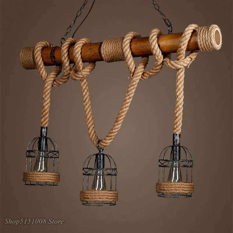 Vintage Pendant Lights loft Hemp Rope Bamboo Iron Cage hanging lamp Hand Knitted Luminaria for Restaurant bar Lighting Fixtures