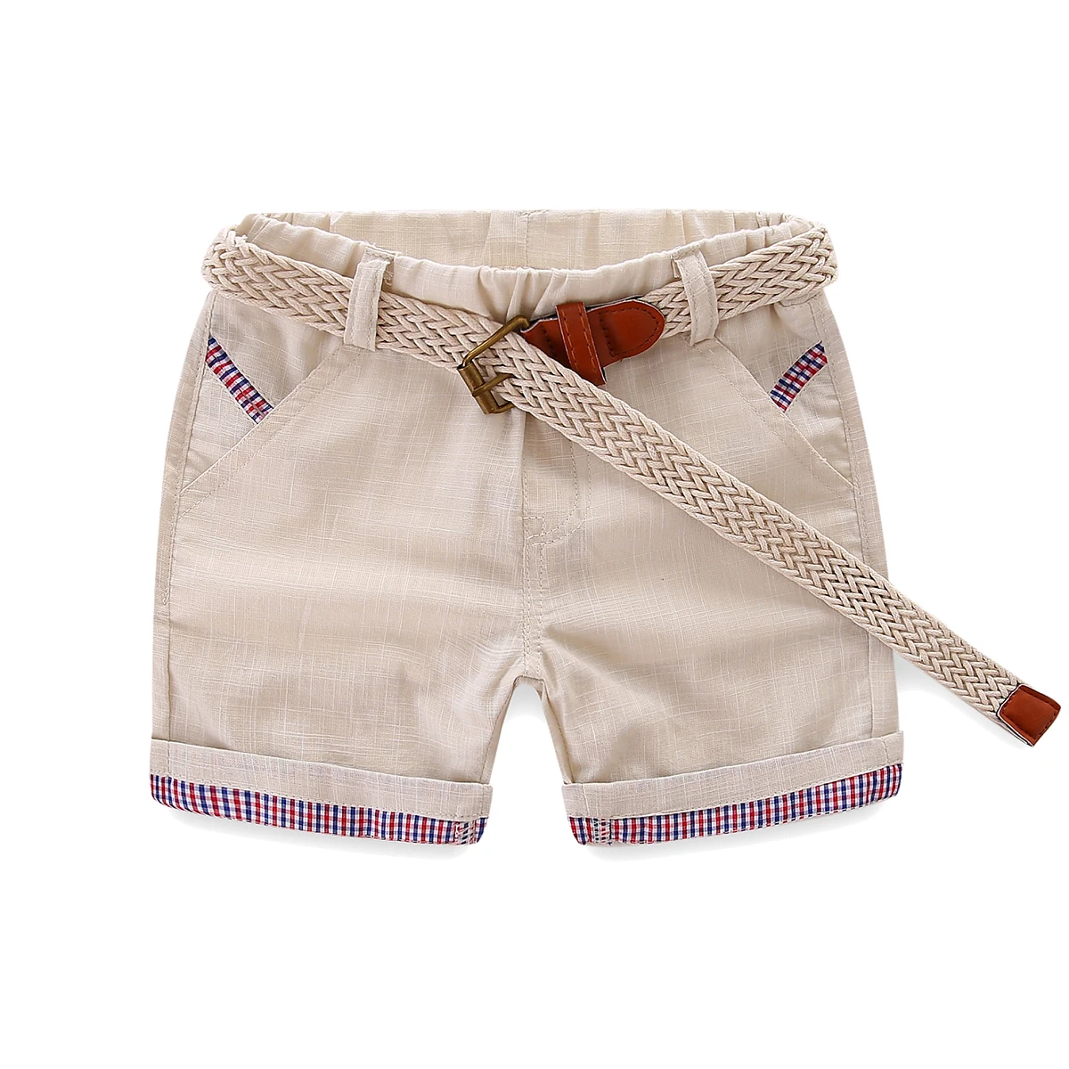 Mudkingdom Summer Boys Shorts with Belt Fashion Plaid Elastic Waist Casual Cotton Solid Color Short Pants for Kids Clothes