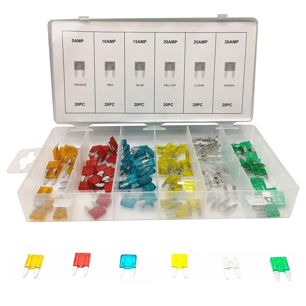 120PCS/Box Profile Mini Small Size Blade Car Fuse Assortment Set For Auto Car Truck 5/10/15/20/25/30A Fuse With Plastic Box