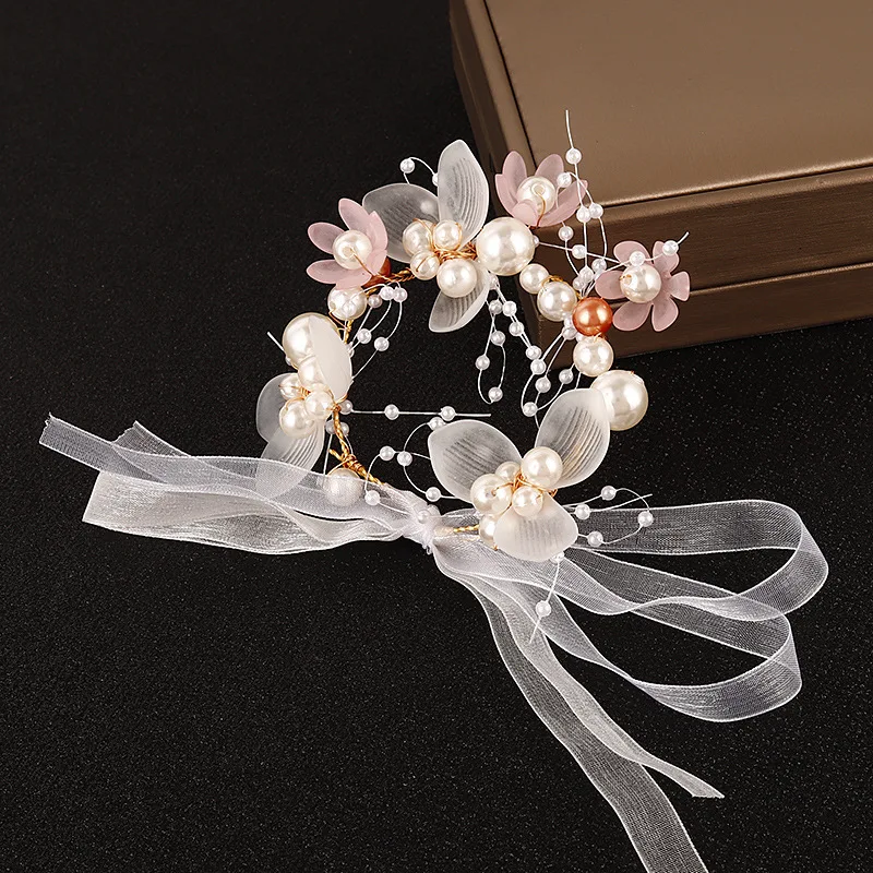 Fashion Pearl Wrist Flower for Girls Bridesmaid Wedding Lace-up Hand Flower Bridal Prom Accessories Dancing Party Decor ML