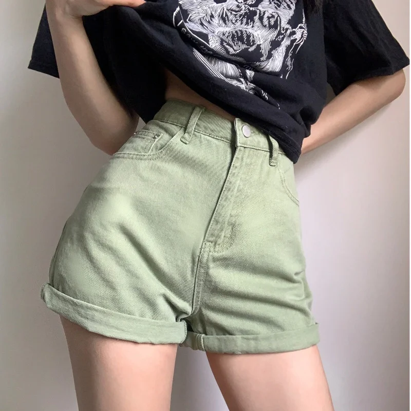 WOMENGAGA Belt High Waist Denim Shorts Looks Thin Fashion Summer Hot Sexy Korean Women Summer Boho Casual Shorts Green 9CTX