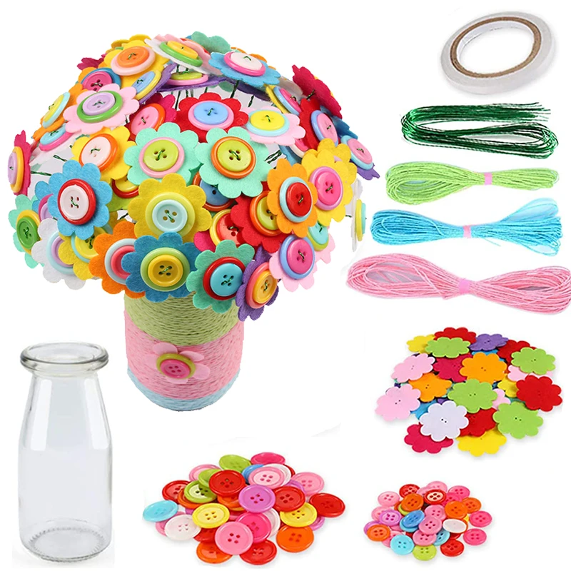 Kit d\'artisanat de fleurs avec boutons et vase de fleurs en feutre pour enfants, jouet d\'art, projet d\'artisanat pour enfants, activité de