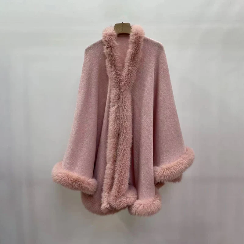 Hot Sale Bright Silk Golden Fox Shawl Poncho Cape Autumn Winter New Elegant Socialite Large Size Woolen Coat for Women