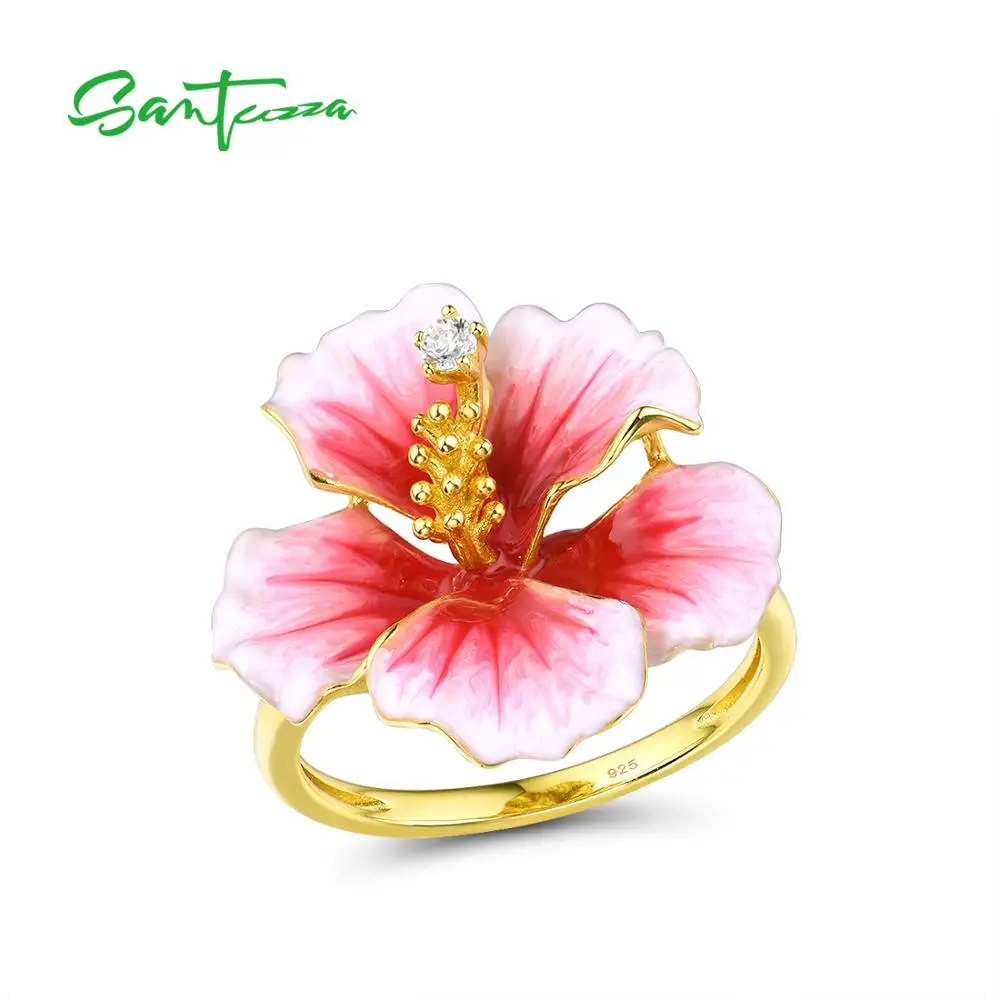 

SANTUZZA Silver Rings For Women Pure 925 Sterling Silver Gold Color Delicate Pink Blooming Flower Fine Jewelry Handmade Enamel