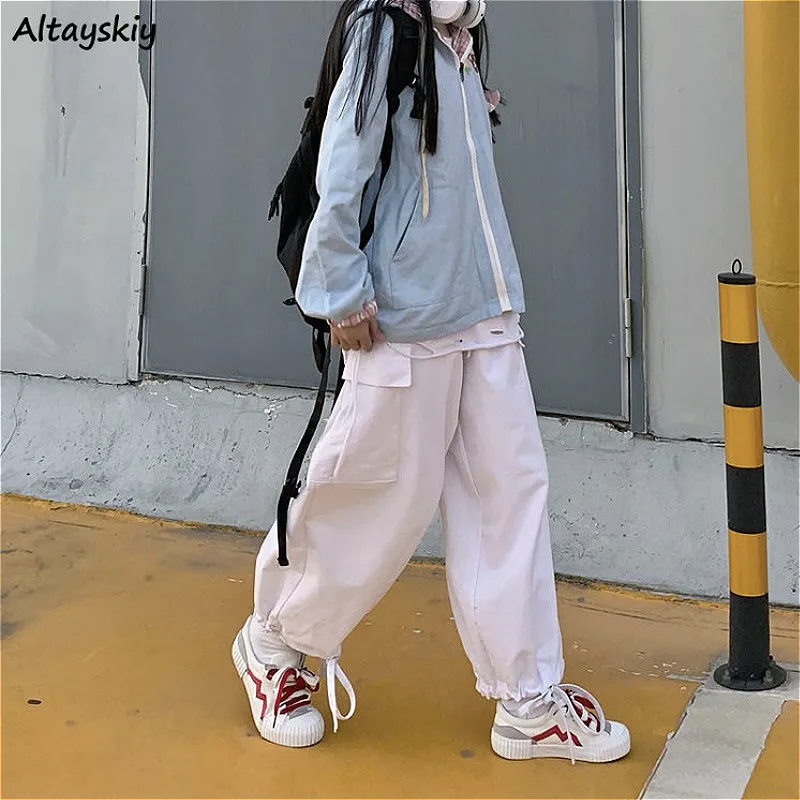 

Cargo Pants Women Baggy 2020 Spring Pockets Fashion Elastic Waist Streetwear Vintage Neutral Style Solid College Joggers Retro