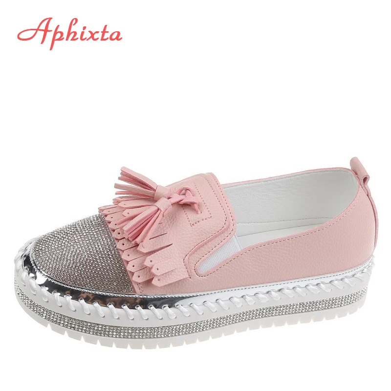 

Aphixta Big Szie 43 Luxury Crystals Round Toe Flats Women Pink Bordered Fringe Platform Casual Female Rhinestone Women Shoes