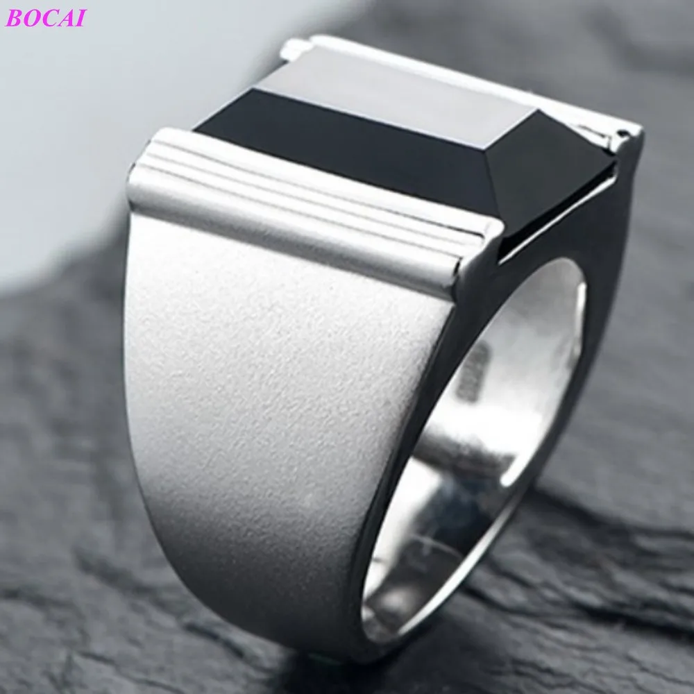 BOCAI S925 Sterling Silver Rings for Men Black Agate Fashion Personality Domineering Single Argentum Jewelry Wholesale