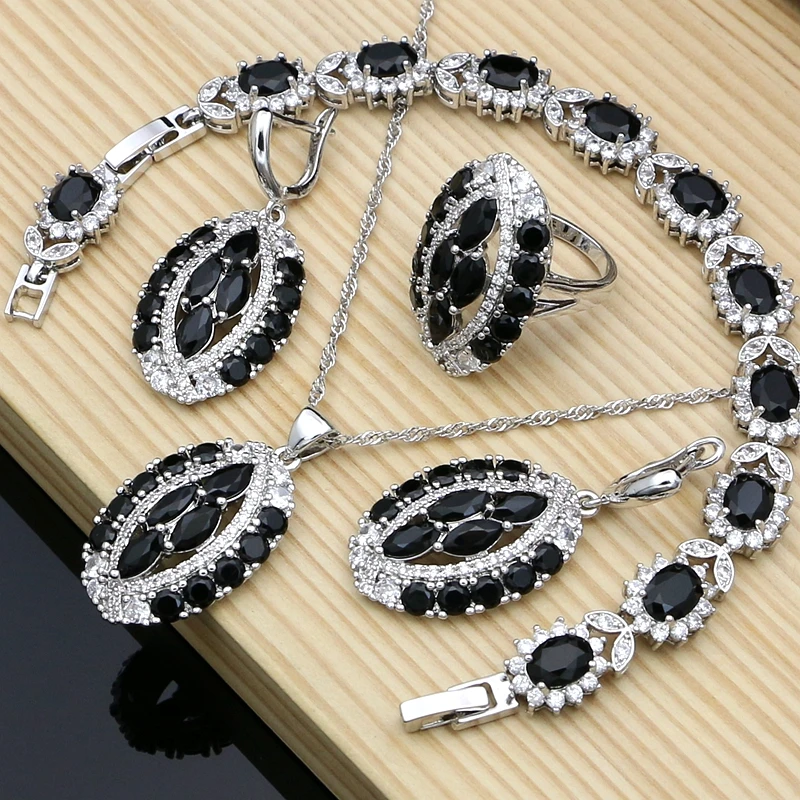 Vintage Punk Women 925 Silver Jewelry Sets Black Stone Hyperbole Design Earrings Fashion Suit Necklace Sets Dropshipping