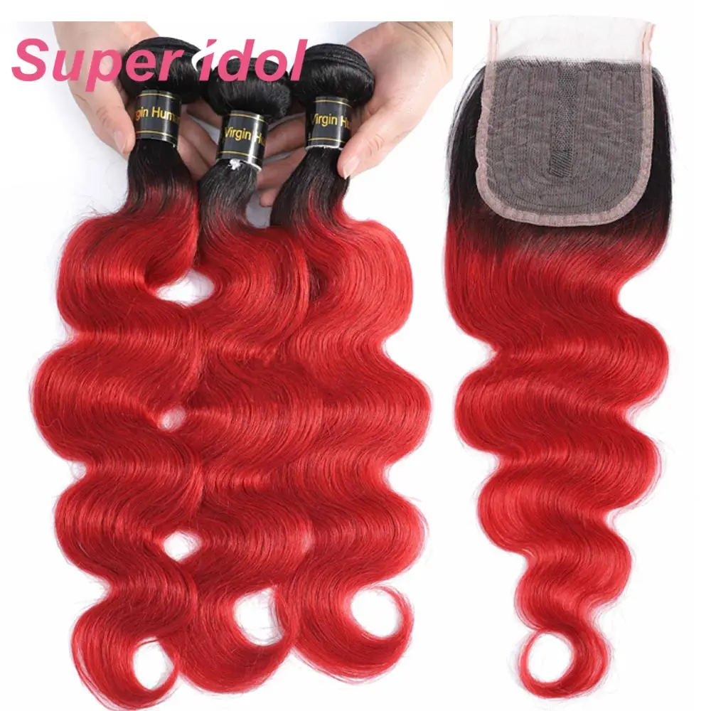 

Super Brazilian Body wave Hair Weave 3/4 Bundles With Closure Blonde 1B/Red Remy Ombre Human Hair Bundles With T Lace Closure