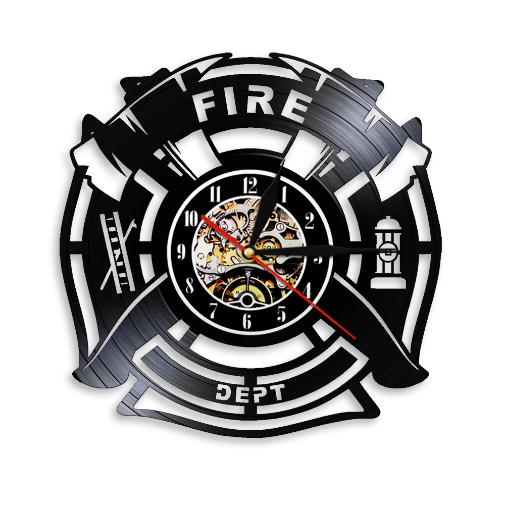 Fire Dept Wall Sign Decor Fire & Rescue Vinyl Record Wall Clock Modern Mute Quartz Wall Clock Watch Firemen Firefighter Gift