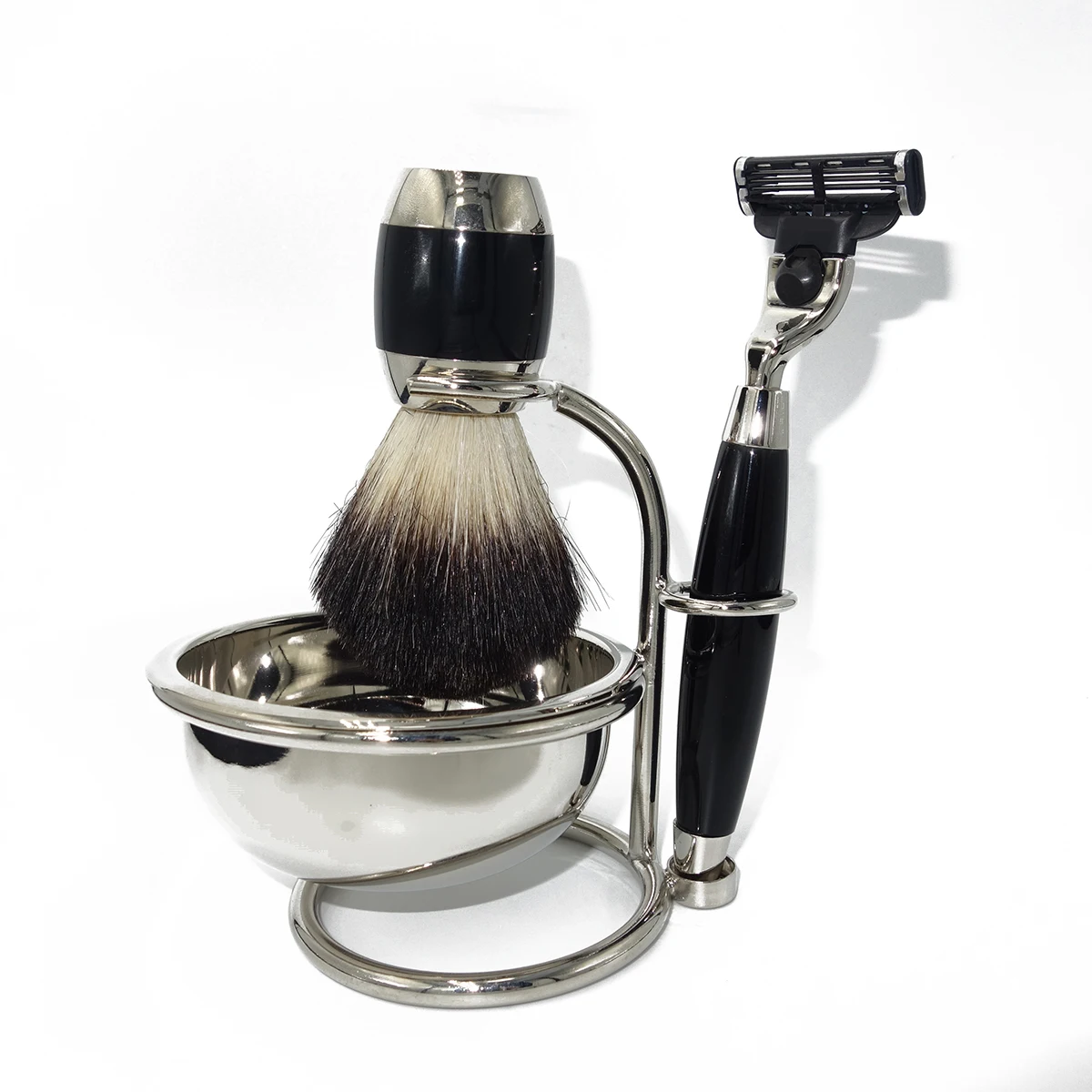 Natural Badger Brush on Black Resin Acrylic Handles with Mach 3 Safety Razor and Soap Cream Mug