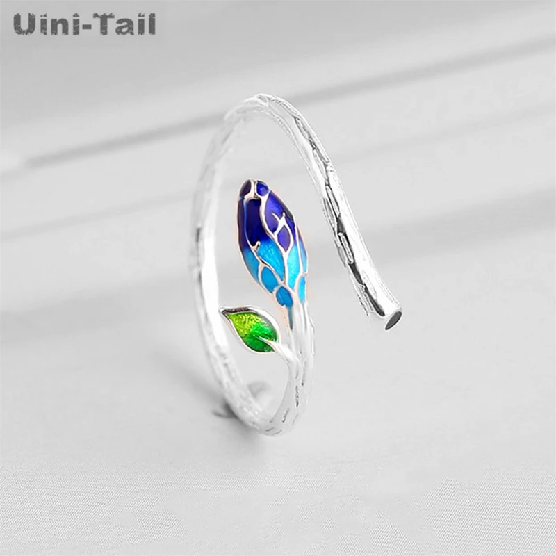 Uini Tail new design hot sale 925 Tibetan silver blue flower open ring simple and fresh epoxy flower bud leaf high quality JZ223