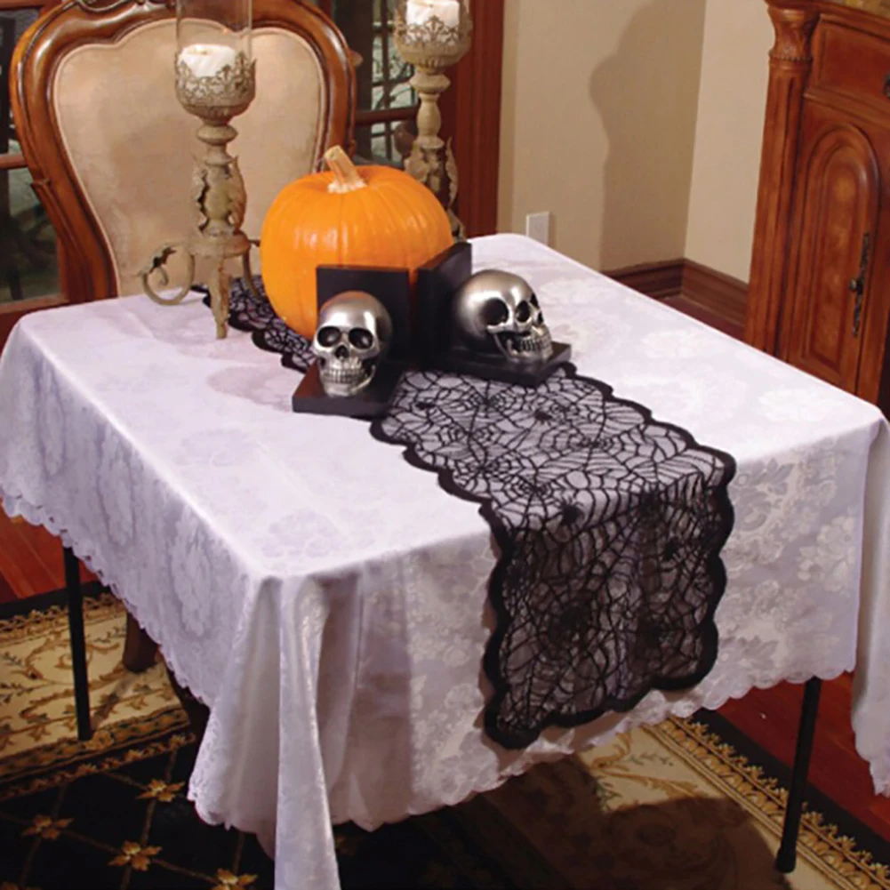 1pcs Black Lace Spider Web Cobweb Tablecloth Table Runner Fireplace Mantle Curtain Decoration For Halloween Home Party Supply