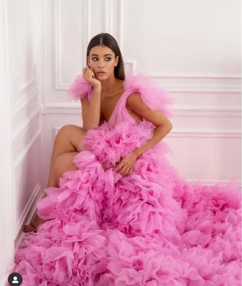 Newest  Pretty Pink High Low Ruffles Tulle Prom Gowns 2021 Sexy Long Tulle Wome Formal Wedding Party Dress Puffy Robe