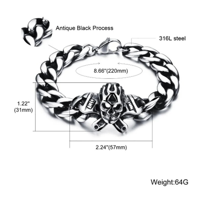 Personality Punk Skull Stainless Steel Bracelet Big Heavy Men Bracelet Biker Jewelry