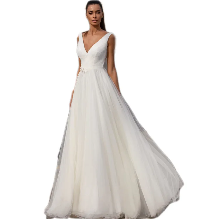 Abito da sposa leggero scollo a v profondo Sexy 2021 nuovi abiti da sposa di lusso principessa A-line in pizzo semplice Robe De Marie Plus Size