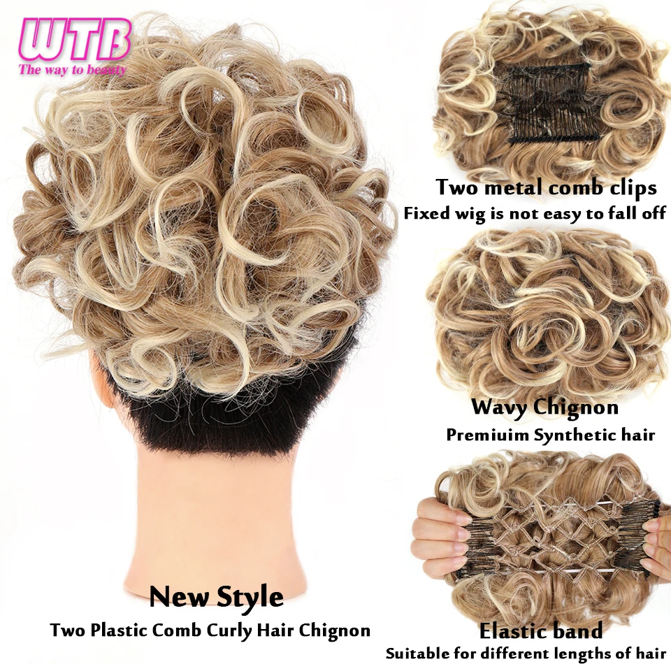 WTB Synthetic Messy Curly Chignon with Rubber Band Hair Bun Two Plastic Comb Clip In Updo Cover Hair Ponytail for Women 25 Color