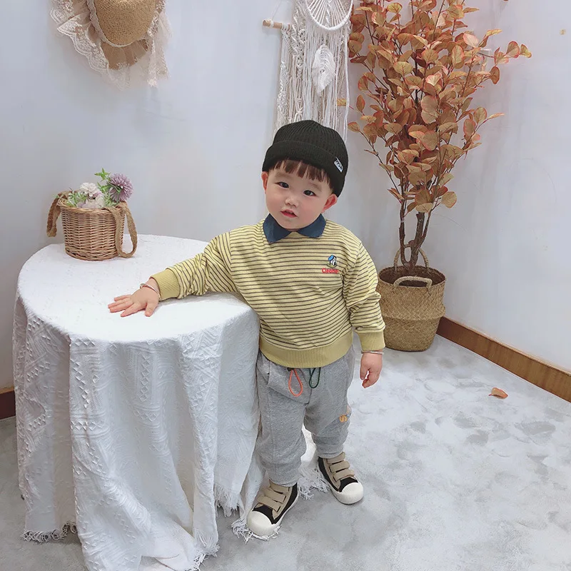 Children Base Shirt 2020 Autumn New Style Korean Men and Women Child Stripes Polo Shirt Western Style Fold-down Collar Pullover