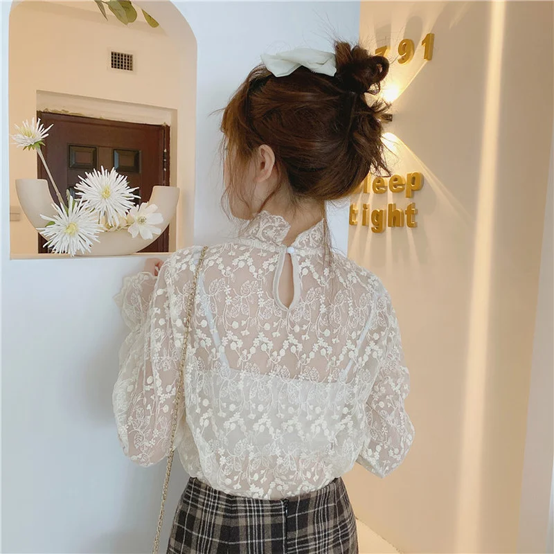 T-shirts Women Floral Mesh Summer Sexy Sheer Tops Trendy Sweet Korean Style Lace Streetwear Female College Retro Soft Hot Sale