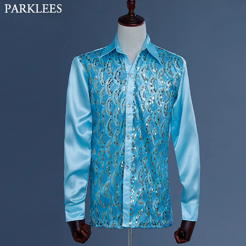 Red Silk Satin Men Shirt Sequin Wedding Party Men Dress Shirt Disco Stage Dancer Men Long Sleeve Fashion Patchwork Shirts Mens