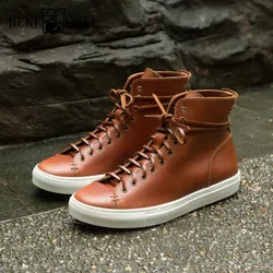 High Quality New Mens High-Top Genuine Leather Casual Shoes Lace Up Round Toe Breathable Cowhide Fashion Outdoor Active Shoes