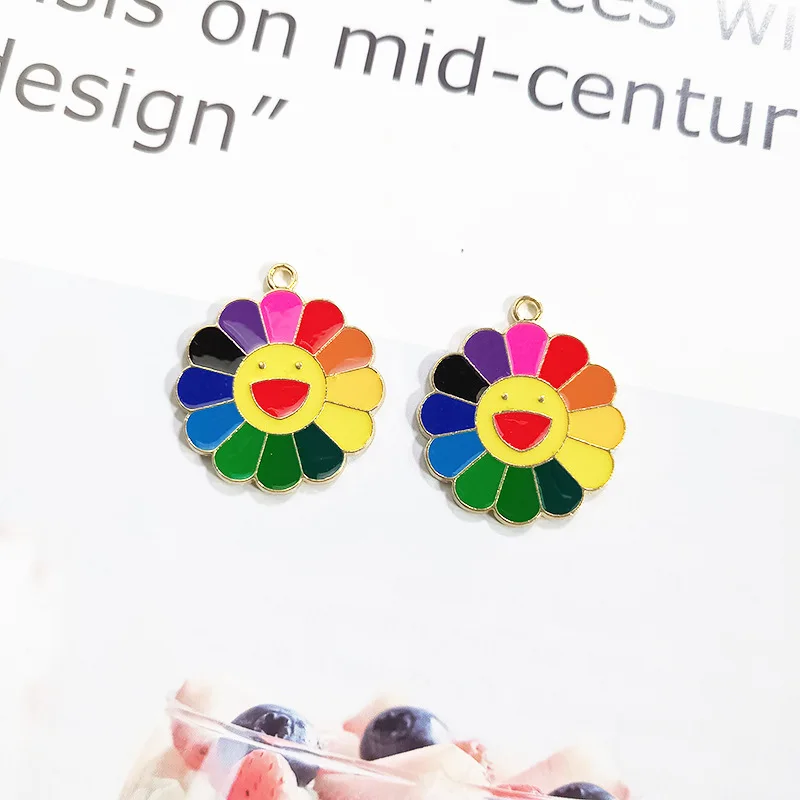 

10pcs Smiley Face Sunflower Enamel Charms Oil Drop Flowers Pendants For Women DIY Jewelry Bracelet Earring Accessory 26*30MM