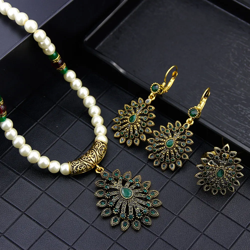 Sunspicems 2021 Algerian Beaded Wedding Jewelry Set for Women African Flower Earrings Necklace Ring Antique Gold Color bijoux