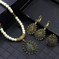 Sunspicems 2021 Algerian Beaded Wedding Jewelry Set for Women African Flower Earrings Necklace Ring Antique Gold Color bijoux