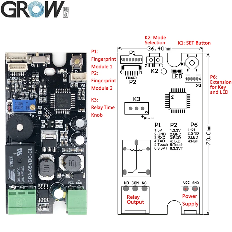 GROW K215-V1.3+R503 Self-Locking Relay Output DC10-30V Fingerprint Access Control Board For Automobile Control Access control