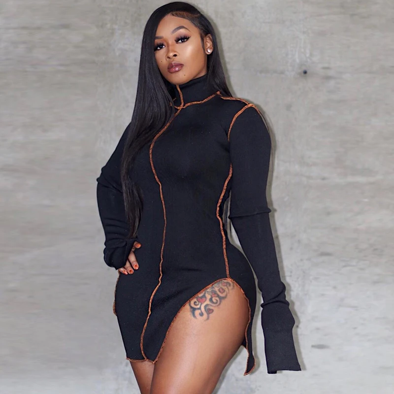 Side Slit Patchwork Women Casual Dresses Long Sleeve Athleisure Fashion 2021 Bodycon Mini Dress Slim Sporty Clothing