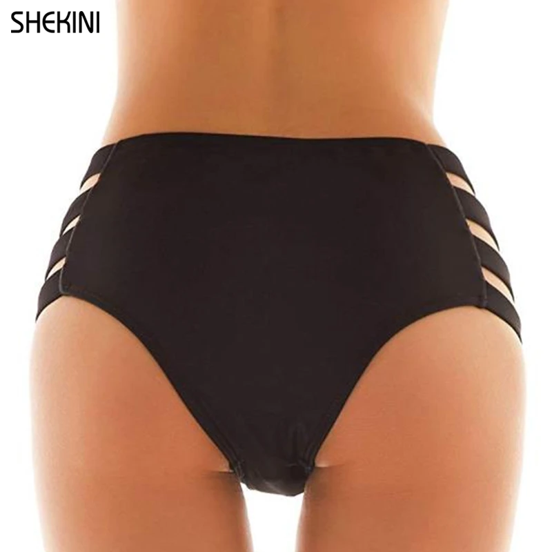 SHEKINI Women\'s Swimsuit Briefs Solid Black Plus Size Strappy Full Coverage High Waisted Bikini Bottoms S-XXXXL