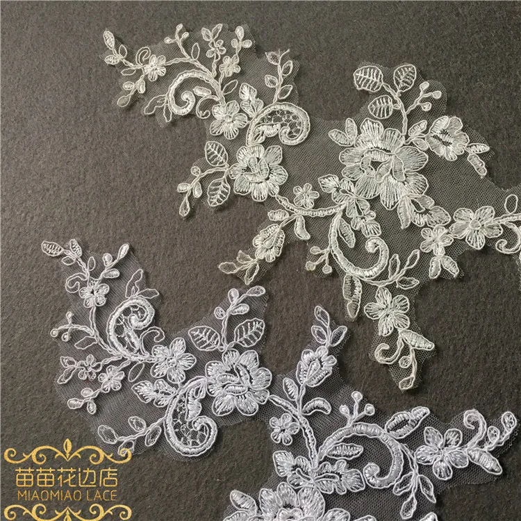 1Pair/2pcs Ivory White Embroidery Lace Flowers Applique Trim Veil Diy Handmade Materials Wedding Dress Decoration Accessories