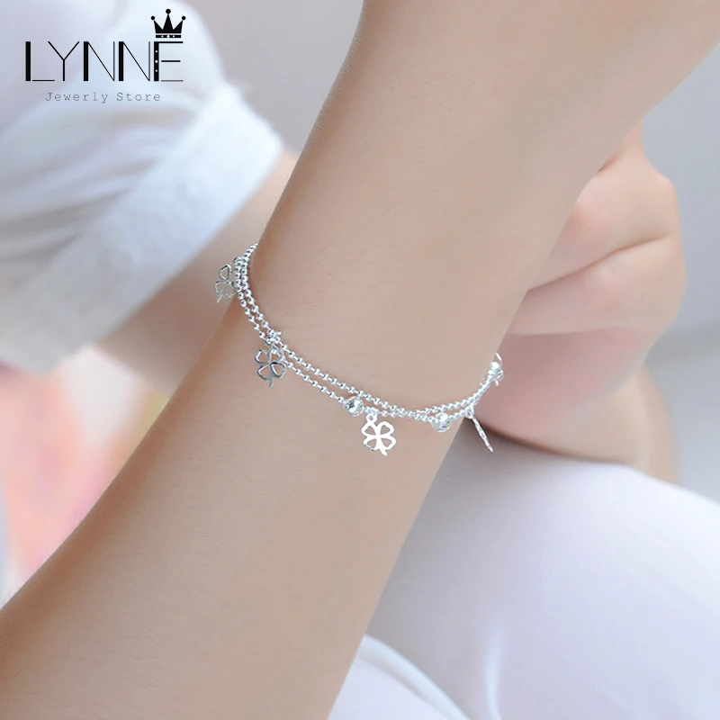 Newest Fashion 925 Sterling Silver Double Layer Small Ball Chain Bracelets Lucky Clover Pendant Bracelet For Women Jewelry Gift