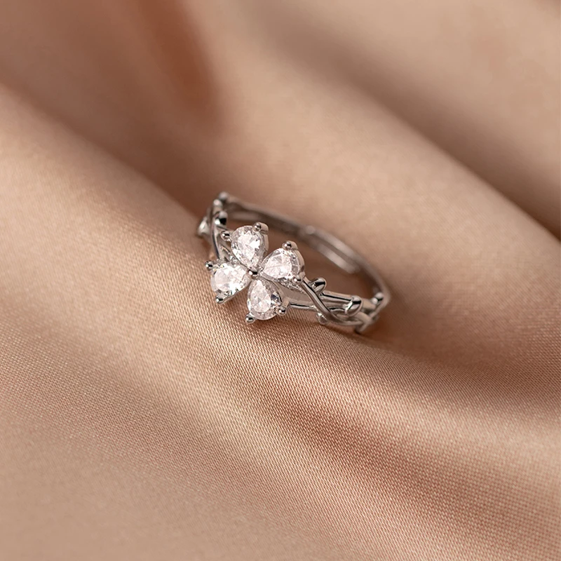Adjustable Silver Rings 925 Sterling On Fingers Four-Leaf Flower Vine Women Clover Sweet Zircon Female Girlfriend Gift J8572