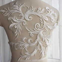 Bridal White Lace Applique, Embroidery with Sequin Motif Trims, DIY Applique for Wedding Dress