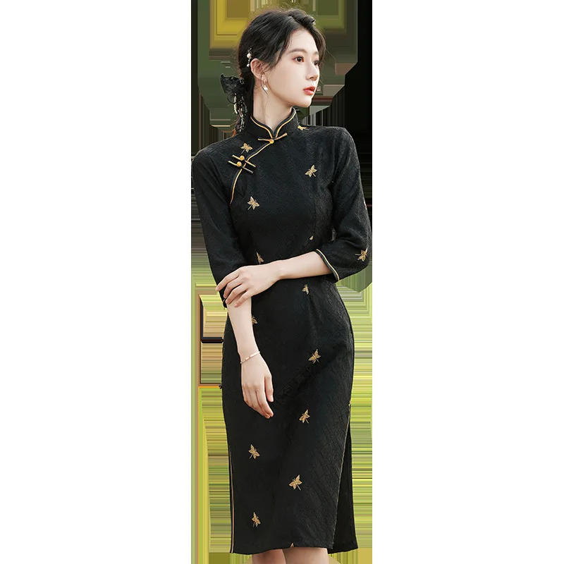 Kerah Mandarin Cantik Baru Wanita Tradisional Cina Qipao Ramping Katun Linen Ramping Garpu Panjang Wanita Cheongsam Vintage