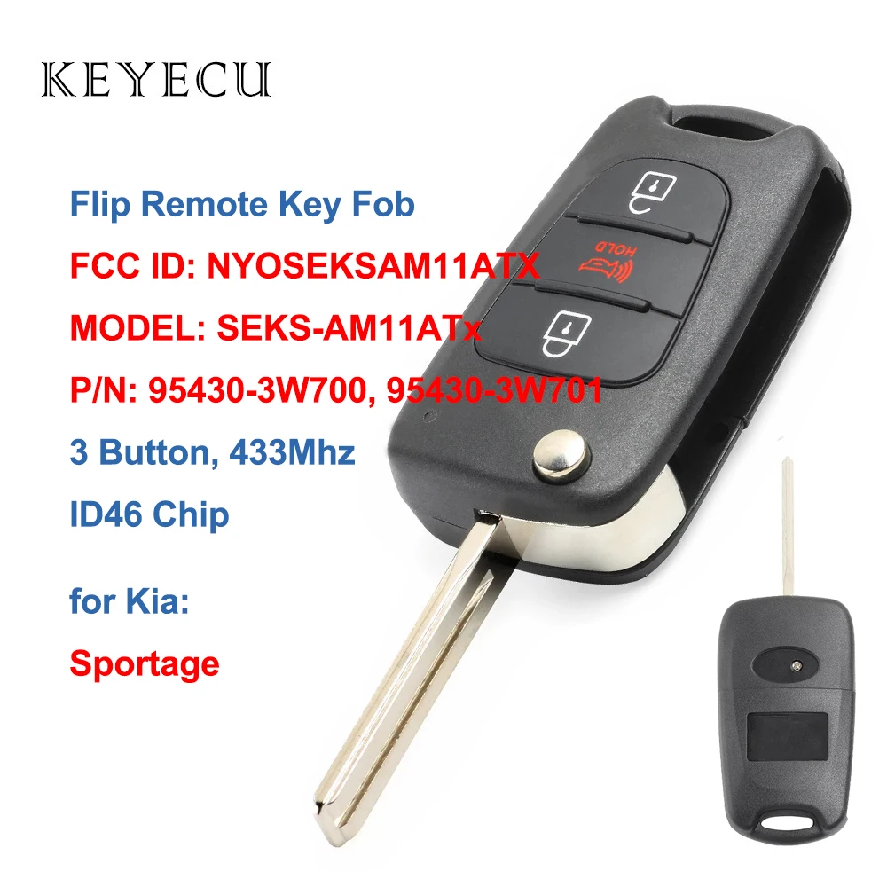 

Keyecu Flip Folding Remote Key Fob 3 Buttons 433Mhz ID46 Chip for Kia Sportage 2010 2011 2012 2013 NYOSEKSAM11ATX, 95430-3W700