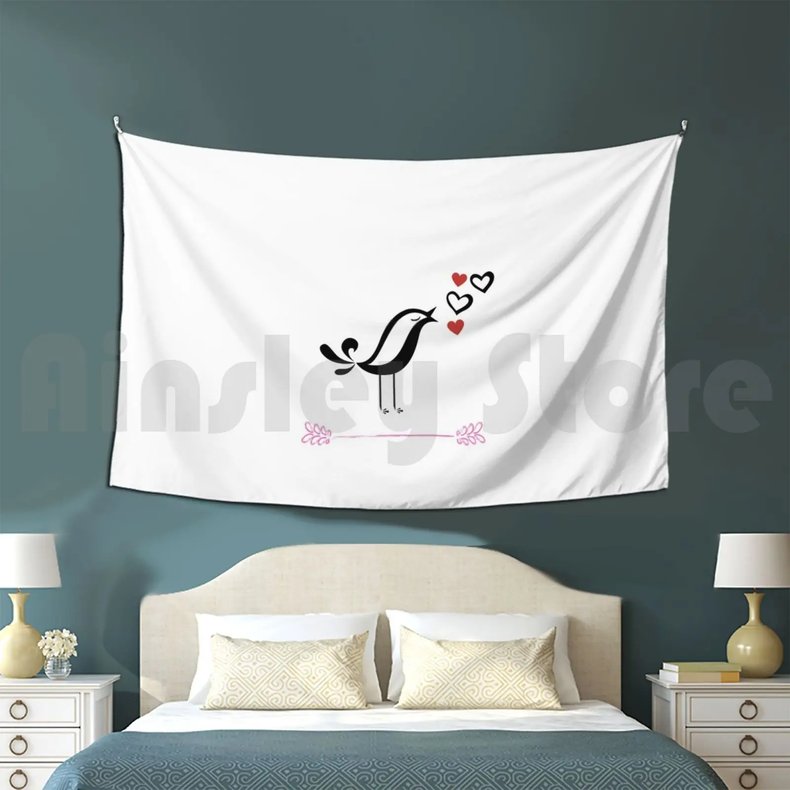 Singing Bird Customized Tapestry Sing Bird Cute Music Note Love Heart Music Notes Heart Shaped Flower