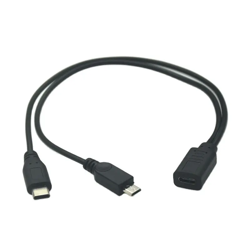 USB 3.1 Type-C 1 to 2 Type-C Female & Micro USB 5P & Type-B Printer Female to 2 Male Y Splitter Charging Extension Cable 30CM