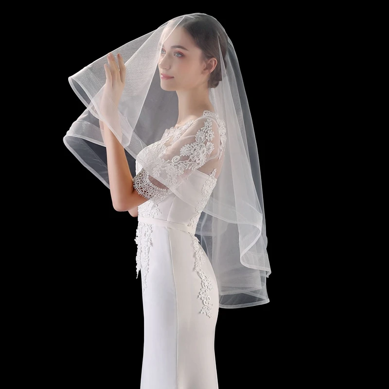 

New Arrival Two Layers Cheap Wedding Veils Ribbon edge White Ivory Bridal hair accessories Short Veil Welon slubny